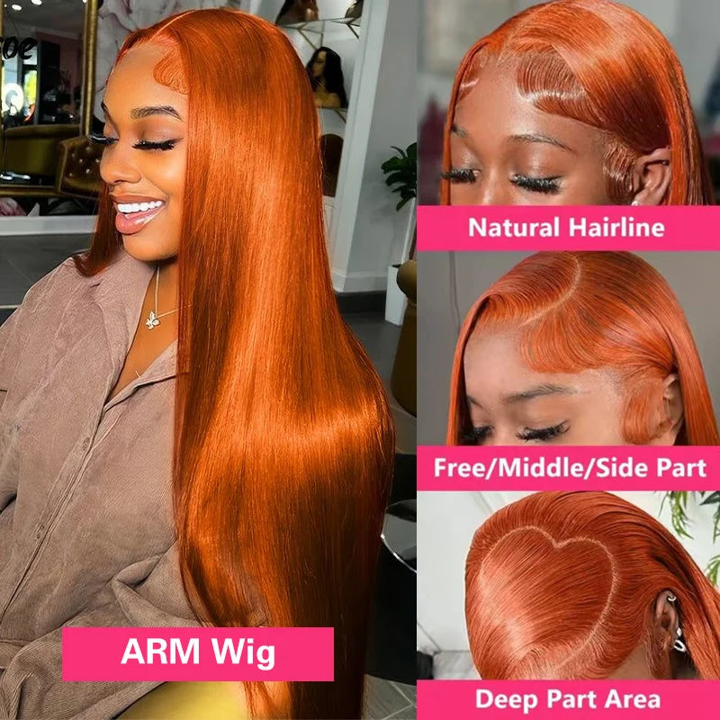Ginger Human Hair Wig Bone Straight Ginger Orange Lace Front Wig Human Hair Transparent Lace  #350 Colored Wig With Baby Hair