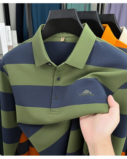 High end brand men's long sleeve polo shirt autumn fashion striped original letter design boutique golf casual business T-shirt
