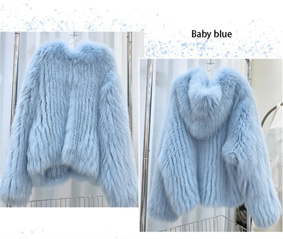 Fox Fur Coat Women's Winter Fashion Warm 100% Fox Fur Coat Hooded Long Sleeved Sweet Women's Luxury Designer Coat