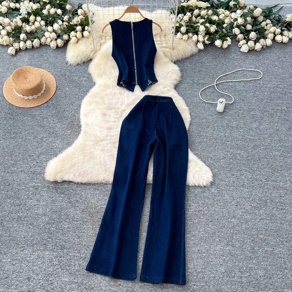 Fashion Denim Women Loungewear Sets Sleeveless Button Tank Tops and Wide Leg Jean Pants Suit 2025/2026 Holiday Outfits 2 Piece Set