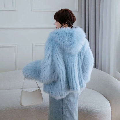 Fox Fur Coat Women's Winter Fashion Warm 100% Fox Fur Coat Hooded Long Sleeved Sweet Women's Luxury Designer Coat