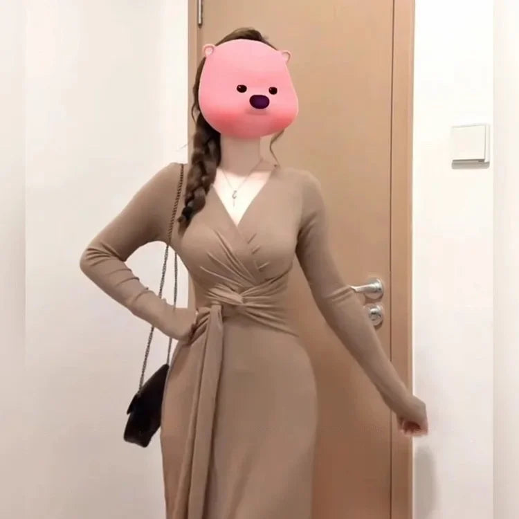 Elegant French V-neck Knot Slimming Base Layer Wrap around Skirt Long Sleeve Uneven Waist Cinched Gentle Dress