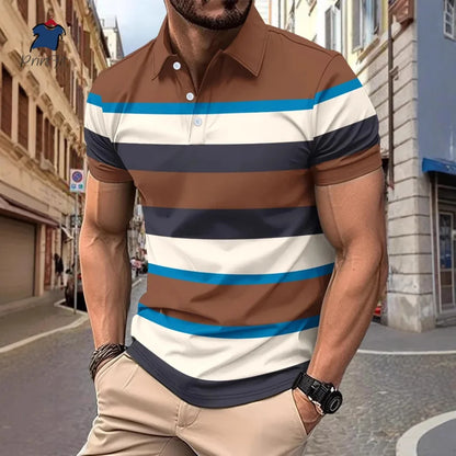 New Summer Striped Patchwork Striped Men's Polo T-shirt Fashion Lapel Button Sports Trend Street Wear Short Sleeve Top Men Shirt