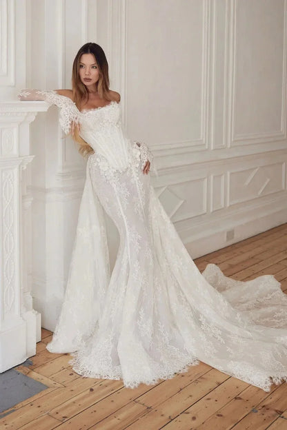 Elegantes Sexy Vestidos De Novia  Lujo Vestido Encaje Corte Sirena Mangas Desmontables Curvy Corset Wedding Dress