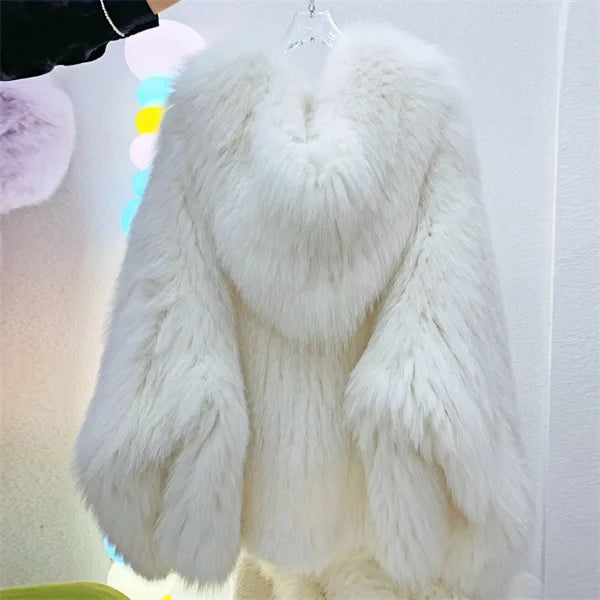 Fox Fur Coat Women's Winter Fashion Warm 100% Fox Fur Coat Hooded Long Sleeved Sweet Women's Luxury Designer Coat