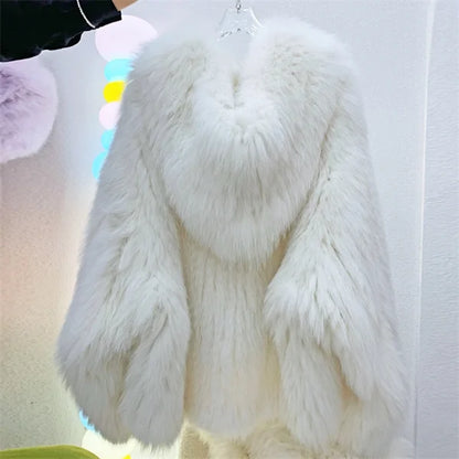 Fox Fur Coat Women's Winter Fashion Warm 100% Fox Fur Coat Hooded Long Sleeved Sweet Women's Luxury Designer Coat