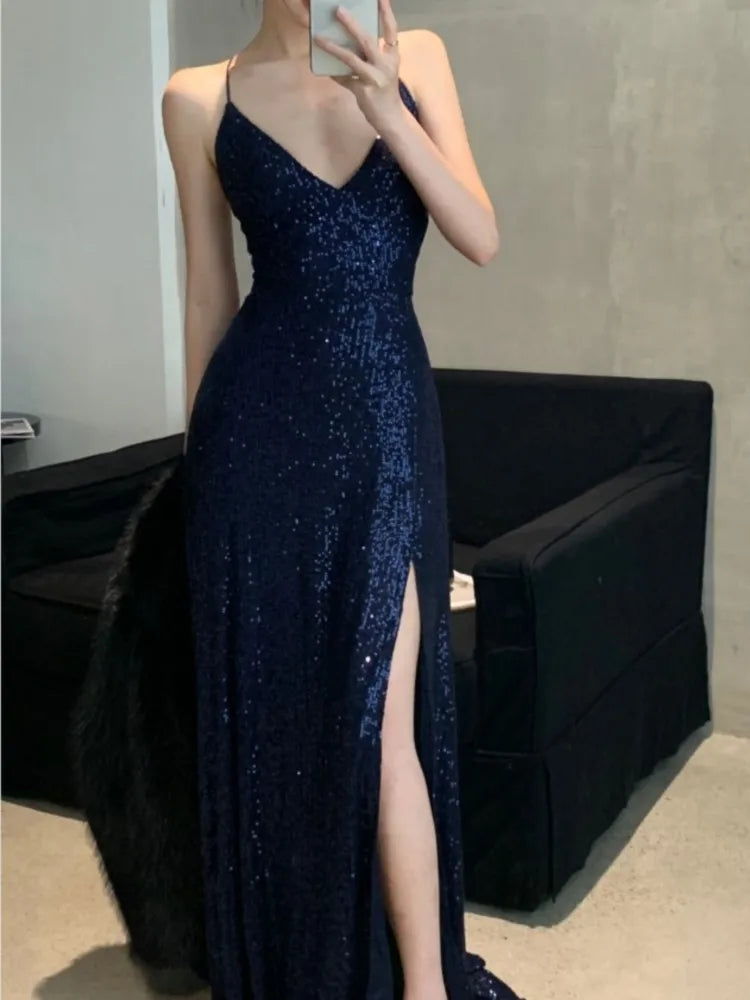 Women's Backless Sexy Split Midi Summer Dress Spaghetti Strap Slim Evening Party Prom Birthday Dresses Female Fashion Long Robe