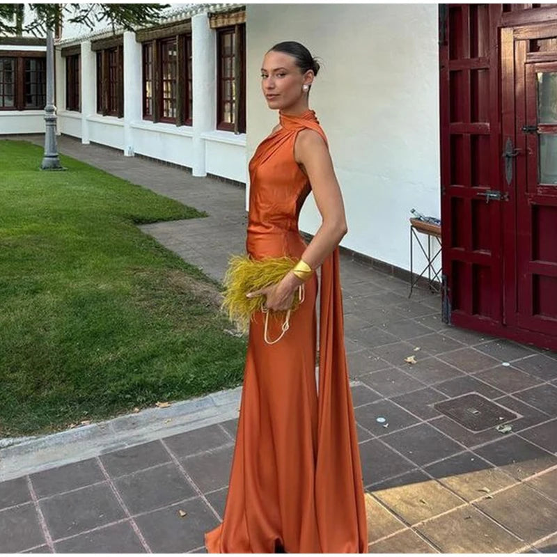 Elegant Ribbon Halter Dress Women Solid Off Shoulder Sleeveless Backless Slim Maxi Dresses 2026 Summer Autumn Party Robes Lady