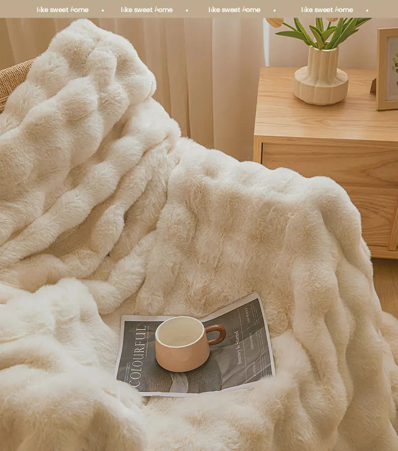 Ultra Soft Luxury Flffy Faux Rabbit Fur Blanket, Thick Winter Warm Throw Blankets, Plush Cozy Bubble Fleece Blankets Home Decor