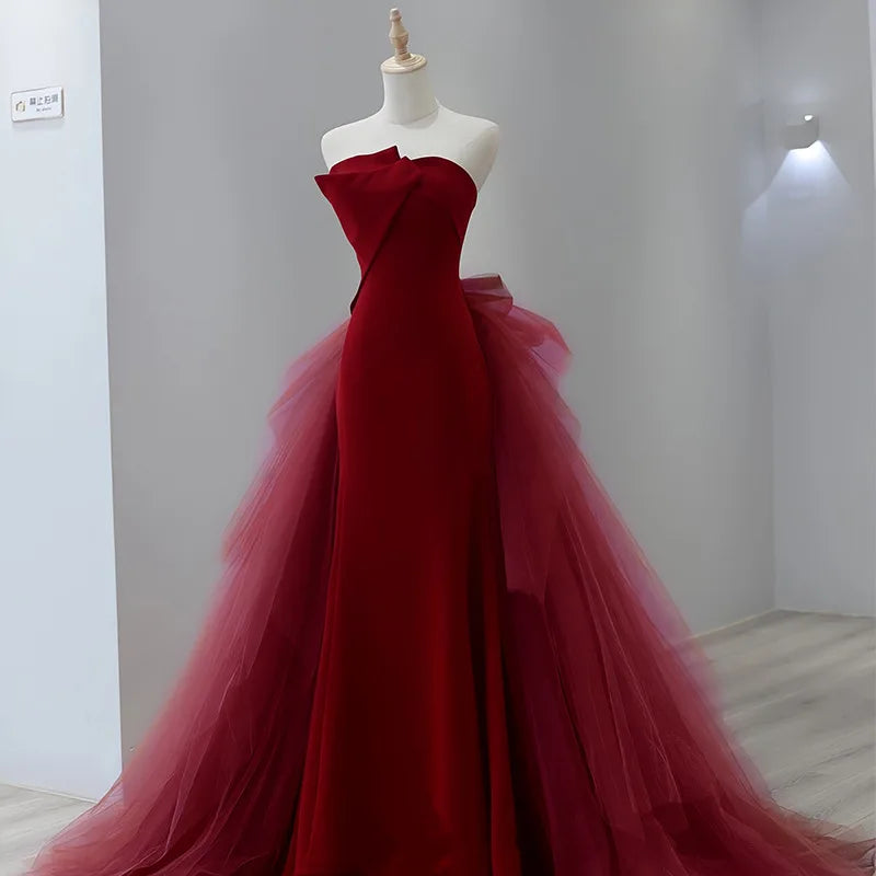 Wine Red Prom Dress Tulle Dress Off Shoulder Long Dress Princess Classic Wedding Dress 2024 Gorgeous High Quality Evening Dress