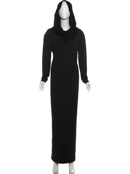Sisterlinda Casual Hooded Long Dresses Woman Autumn Trend Swing Collar Full Sleeve Skinny High Stretch Solid Elegant Vestidos