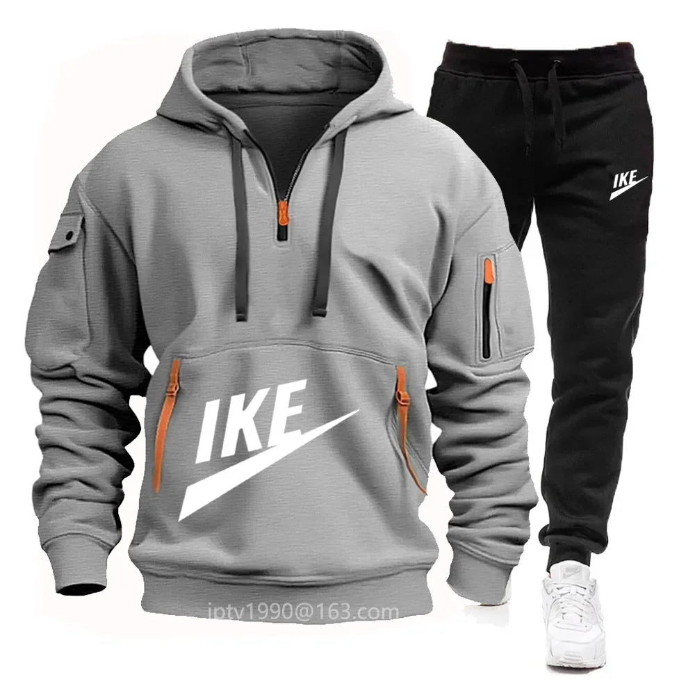2025 new men's autumn and winter hoodie set fitness sports multi-zipper long-sleeved hooded jumper + 2 sets of casual pants