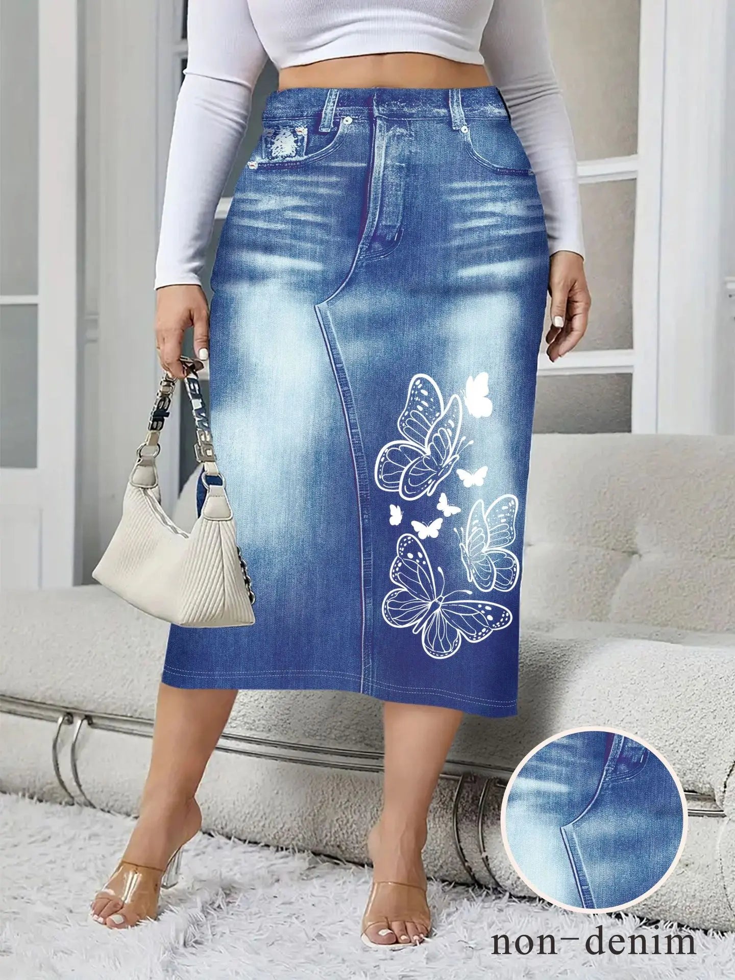 2026 Women's Spring Autumn Elegant Modest Plus size Skirts Fashion Women Silm Fit Dress Imitation Denim Print Bag Hip Skirt
