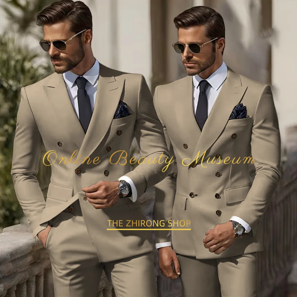 Formal Elegant Stylish Ivory Double Breasted 2 Piece Wedding Suits for Men, Classic Tuxedo Bespoke For Groom Prom Party Dress
