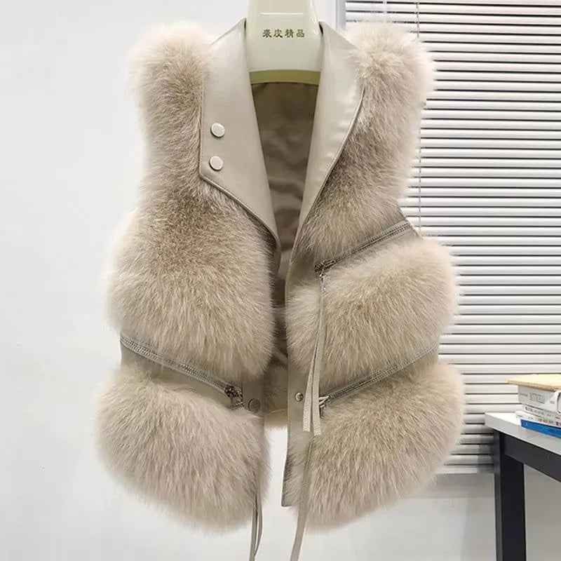 Autumn Winter Splicing Imitation Fox Fur Grass Vest Women Short Jacket 2025New Fashion Versatile Sleeveless Lady Waistcoat Coat