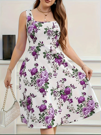 2025 New Plus Size Floral Print Square Neck Sleeveless Dress - Flared Skirt, Stretchy Fabric, Machine Washable, Spring/Summer Ca