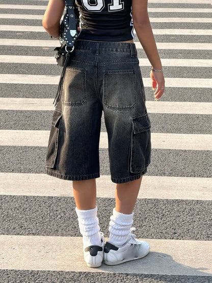 American retro workwear denim shorts women's summer new style loose side three-dimensional large pocket casual five quarter pant