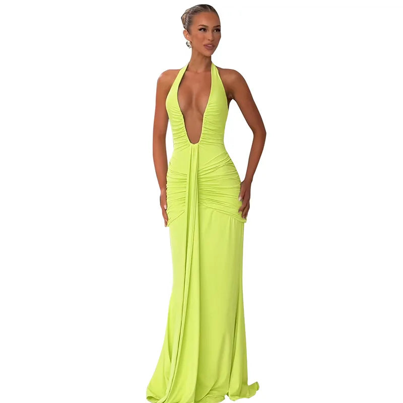 Sexy Deep V-neck Backless Halter Maxi Dresses Women's Sleeveless High Waist Bodycon Pleated Robe 2025 New Evening Party Gown