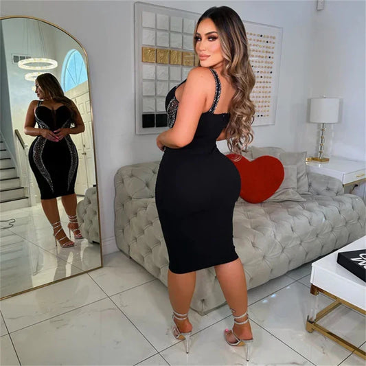 Sexy Spaghetti Strap V-neck Bandage Bodycon Dress Women Elegant Mesh Patchwork Diamonds Cocktail Party Dresses Vestidos Midi