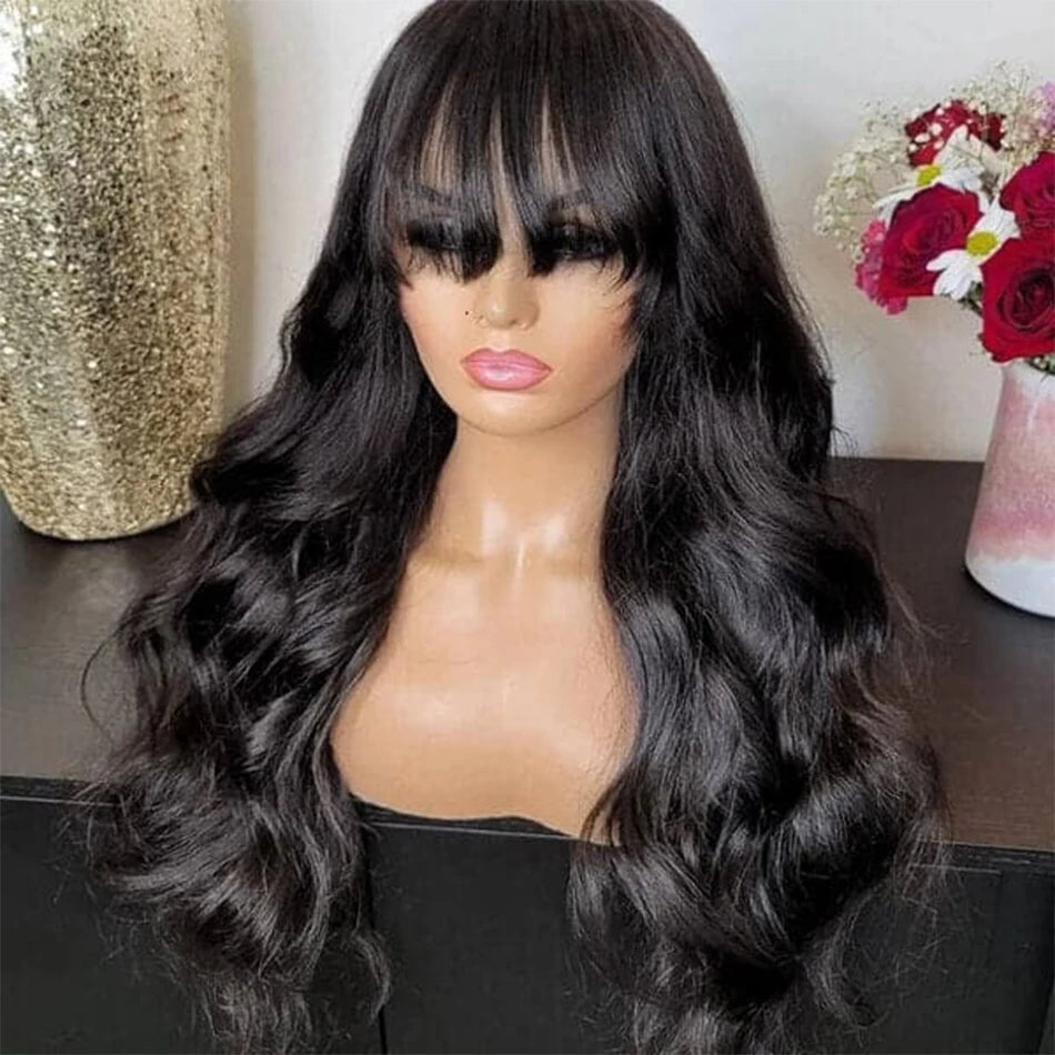 FUGANGXIU-12A Body Wave Human Hair Wig With Bang Full Machine Made Glueless Wear And Go Brazilian Virgin Hair Natural Color