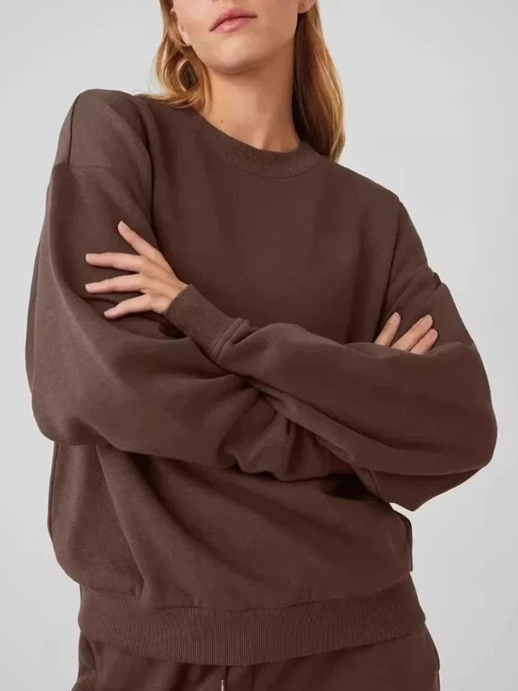 Fashion Loose Casual O-Neck Sports Hoodies Autumn Coffee Women's Sweatshirts Classic Cotton Pullovers Long Sleeves Top Women