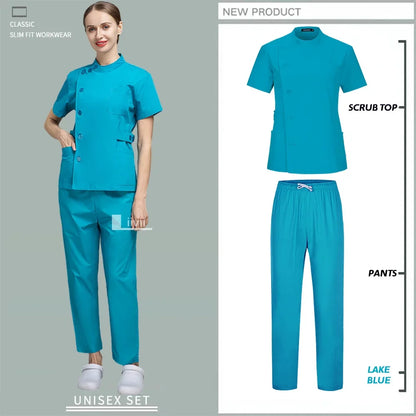 Button Closure and waist retraction Scrub Set Medical Uniforms Nurse Clothes Women Round Neck Surgical Workwear Pair Dental Suit