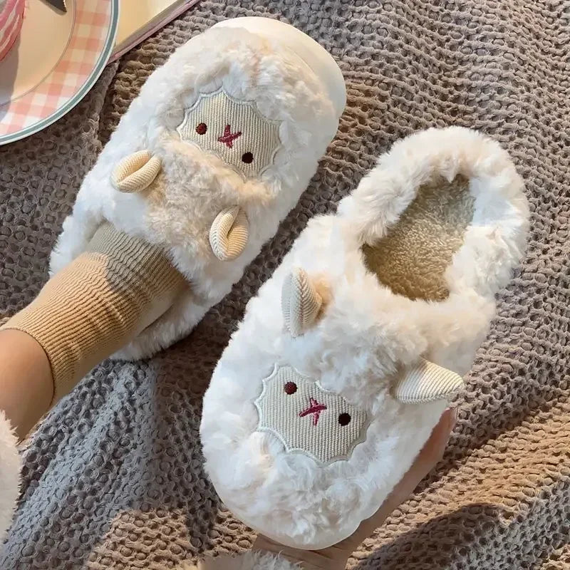 Winter Cartoon Plush Slippers Warm Fluffy Faux Fur Sheep Design Indoor Home Couple Cotton Slippers for Men And Women