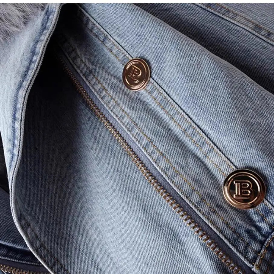 New Women Faux Fox Fur Collar Jean Coat Winter Jacket Female Short Warm Parkas Rabbit Hair Lining Outwear Fashion Overcoat