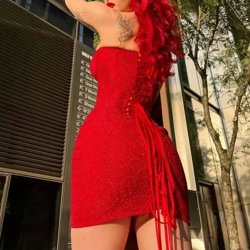 Sexy Club Party Bandage Backless Casual Off Shoulder High Waisted Mini Dresses Fashion Women's Strapless Slim A-Line Dress