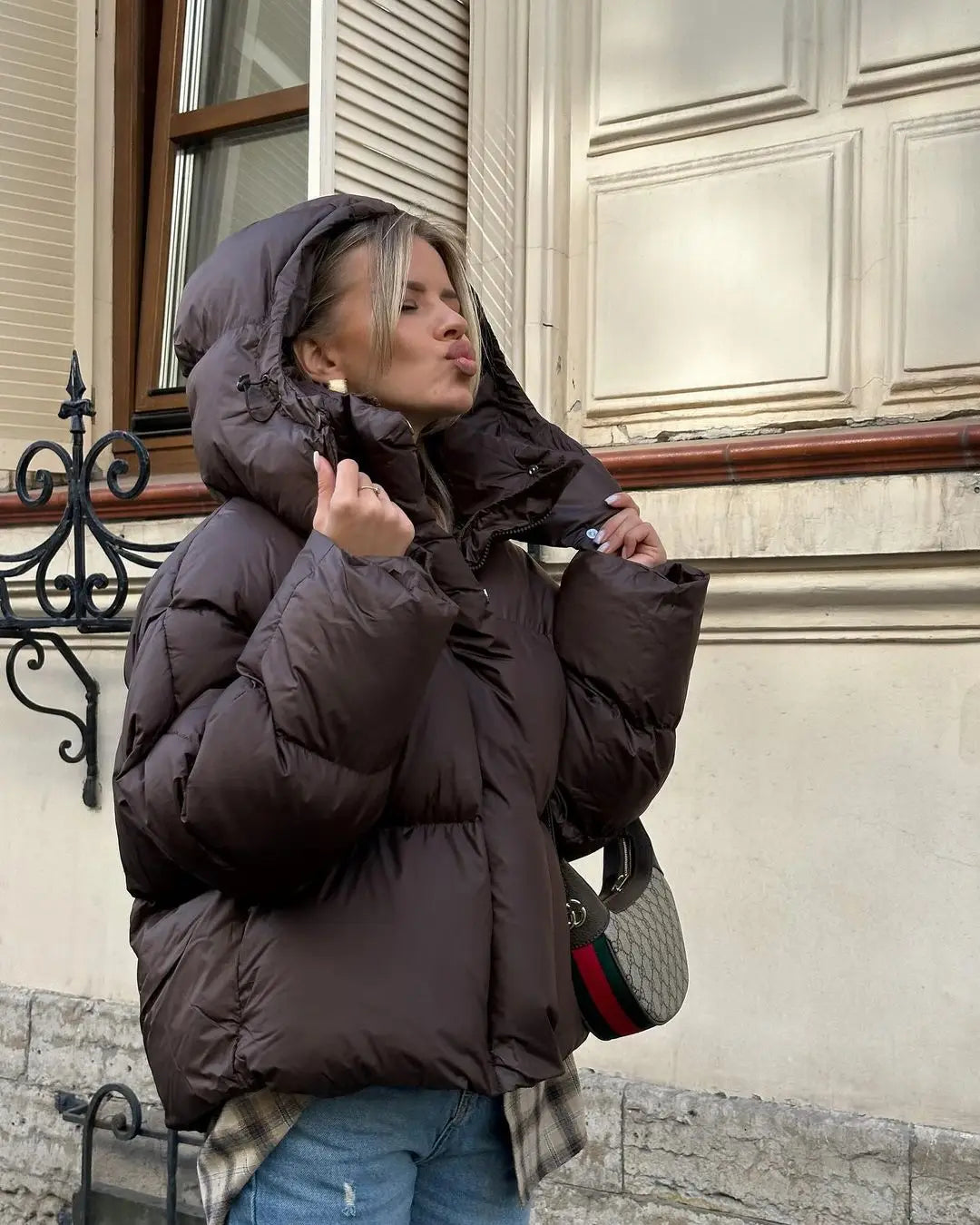 Women Brown Hooded Cotton Coat Fashion Lapel Full Sleeve Zipper Button Warm Loose Short Coats Lady Winter Casual Street Outwear