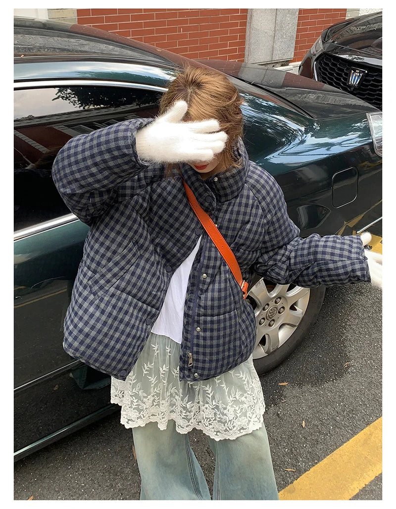 MEXZT Short Plaid Parkas Women Streetwear Stand Collar Puffer Jacket Winter Korean Down Coats Fashion Cotton Padded Outerwears