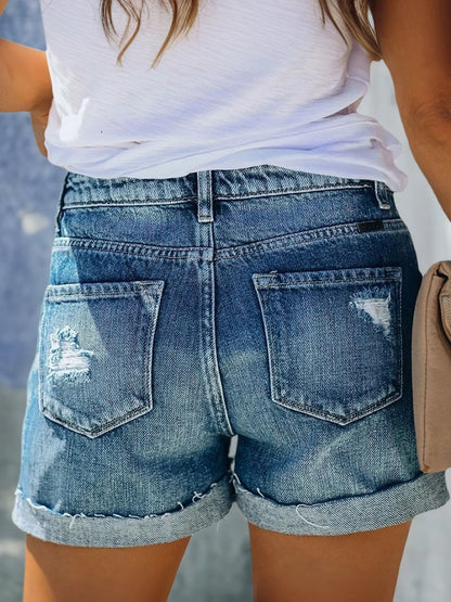 Women's Single Breasted Mid Waist Elastic Ripped Denim Shorts, Casual Washed Denim Shorts, Flared, Slanted Pockets, Summer Cloth