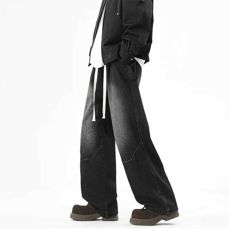 2025 Hip-hop Baggy Denim season elastic waist New Korean Men's Jeans American Loose Fit Wide-leg Straight Casual Trousers Street