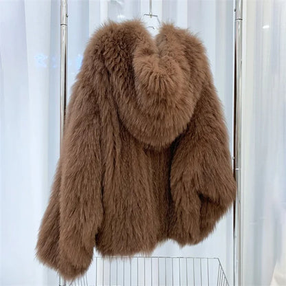 Fox Fur Coat Women's Winter Fashion Warm 100% Fox Fur Coat Hooded Long Sleeved Sweet Women's Luxury Designer Coat