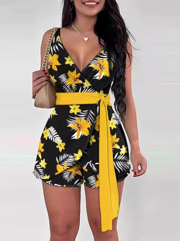 Spring Summer Women's New Fashionable Printed Sexy V-neck Strap Up Waist Sleeveless Strap Top Casual Shorts Set