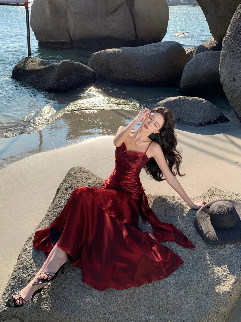 Sexy Solid Spaghetti Strap Sleeveless Evening Dresses Elegant Ruffles Party Long Dress For Women Summer Slim Beach New Vestidos