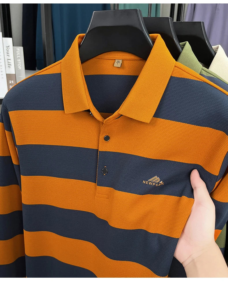 High end brand men's long sleeve polo shirt autumn fashion striped original letter design boutique golf casual business T-shirt