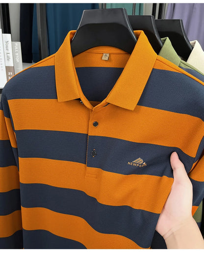 High end brand men's long sleeve polo shirt autumn fashion striped original letter design boutique golf casual business T-shirt