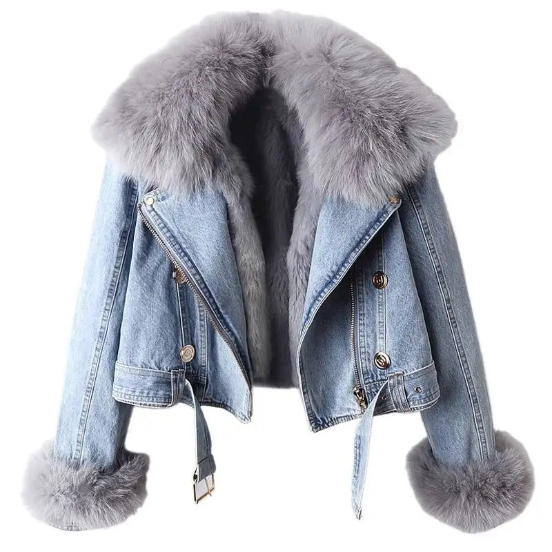 New Women Faux Fox Fur Collar Jean Coat Winter Jacket Female Short Warm Parkas Rabbit Hair Lining Outwear Fashion Overcoat