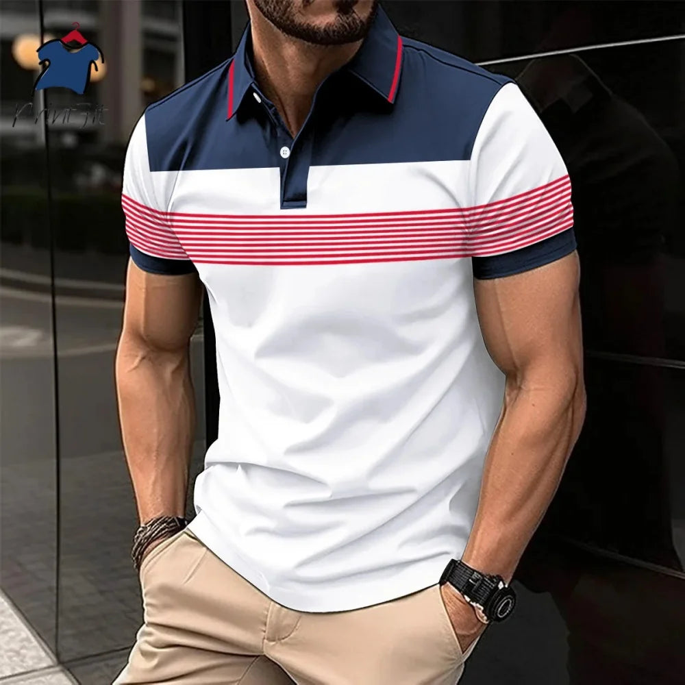 New Summer Striped Patchwork Striped Men's Polo T-shirt Fashion Lapel Button Sports Trend Street Wear Short Sleeve Top Men Shirt