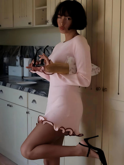 Dulzura O-Neck Long Sleeves Ruffles Patchwork Bodycon Mini Dress Sexy Elegant Outfit Party Club Streetwear Autumn Winter Clothes