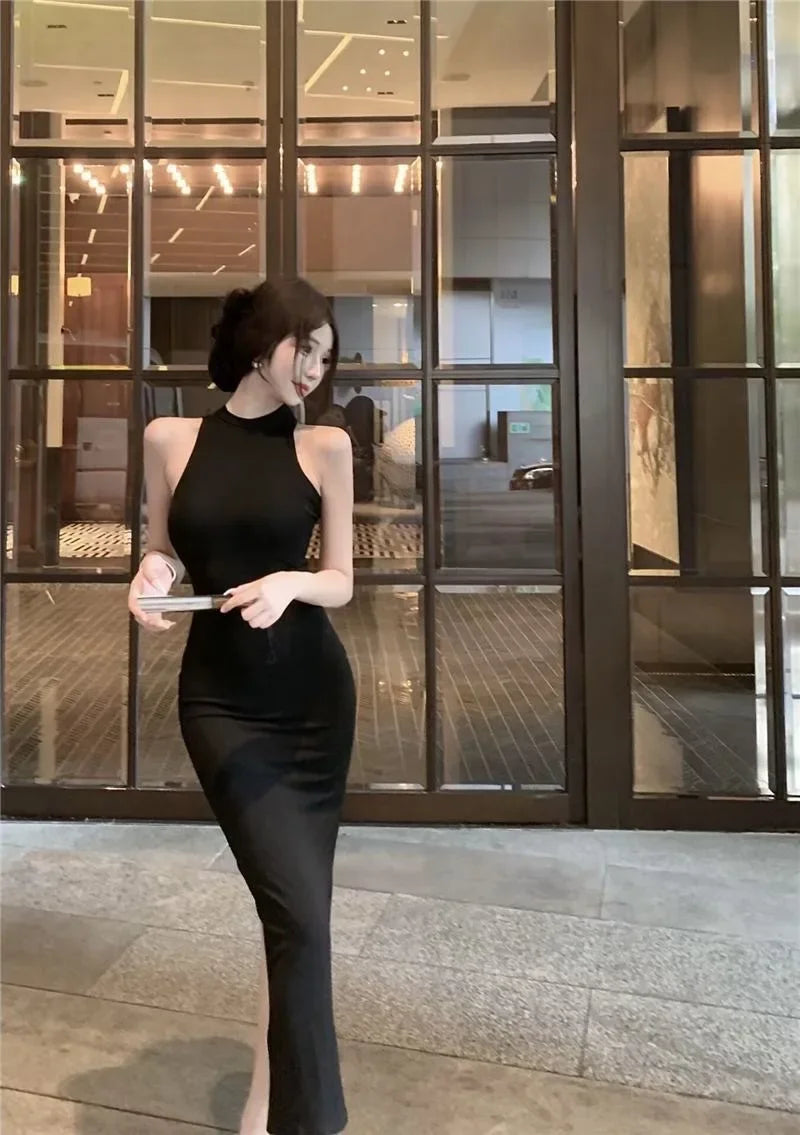 Elegant High Waist Long Sleeveless Dress Neck Hanging Wrap Skirt Slimming Goddess Style Polyester Fiber round Neck Gown