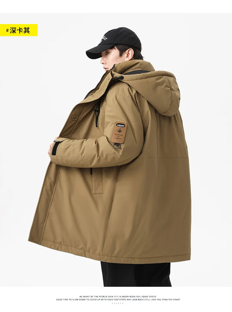 Winter new style cotton coat for men 2026 snap-closed hooded jacket neutral style mid-length workwear cotton coat for men