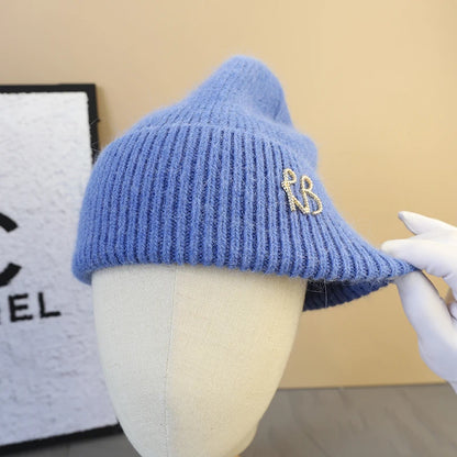 Letter Fluffy Angora Fur Beanies Winter Hat for Woman Luxury Fluffy Knited Hat Bonnet Lady Autumn Winter Warm Skullies Cap