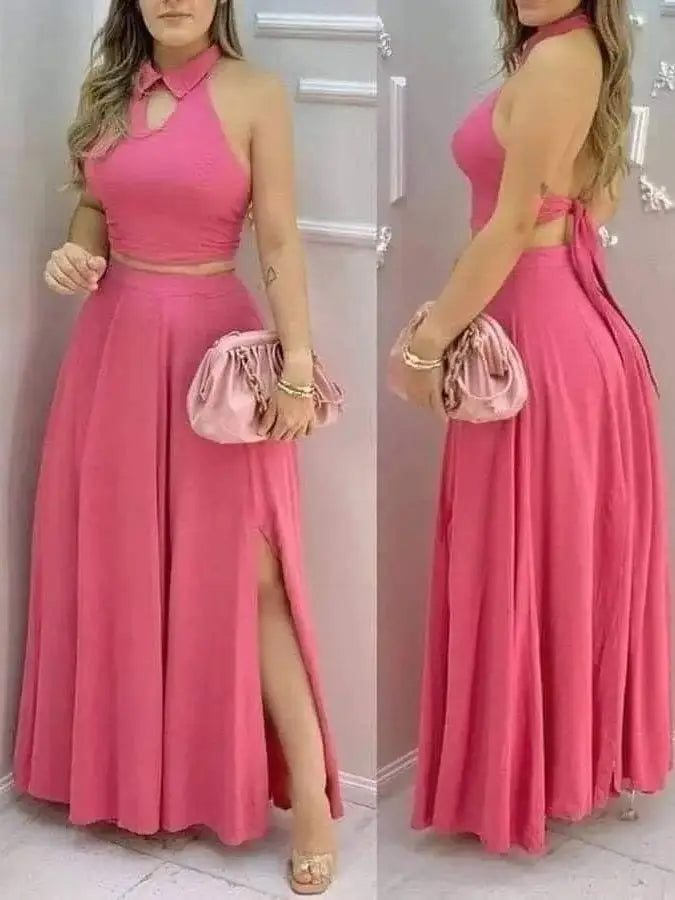 Women's Pink Two Piece Set Halter Collar Crop Top Split Maxi Skirt Ideal for Evening Parties Summer Weddings Chic Outings