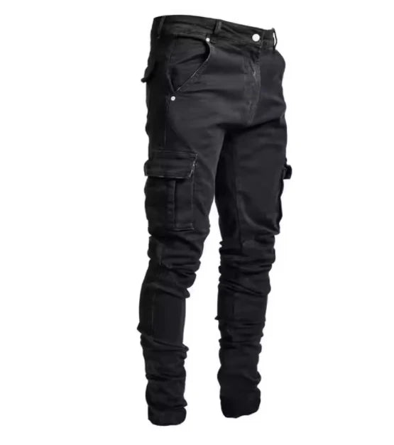 Men Street Elastic Denim Jeans Wash Solid Color Multi Pockets Cargo Pants Casual Slim Fit Daily Wear Joggers Mid Waist Trousers