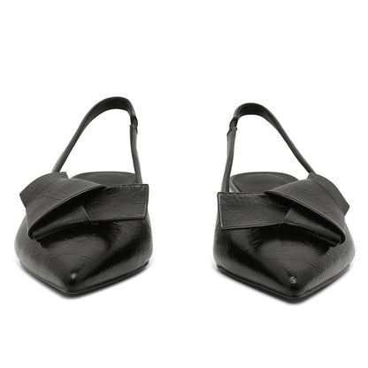 GIGIFOX Kitten Low Heels Bownkot Pointy Toe Leisure Sandals Pleated Slip-on Back Strap Flats Chic Office Ladies Shoes For Woman