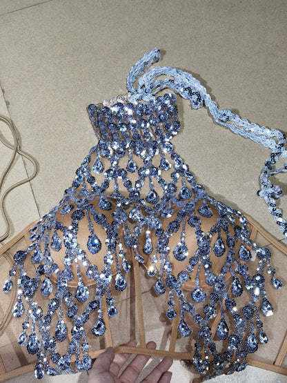 Luxurious Blue Diamond Sparkling Tassel Jazz Dance Performance Clothing Basketball Baby Performance Clothing Cheerleading Short