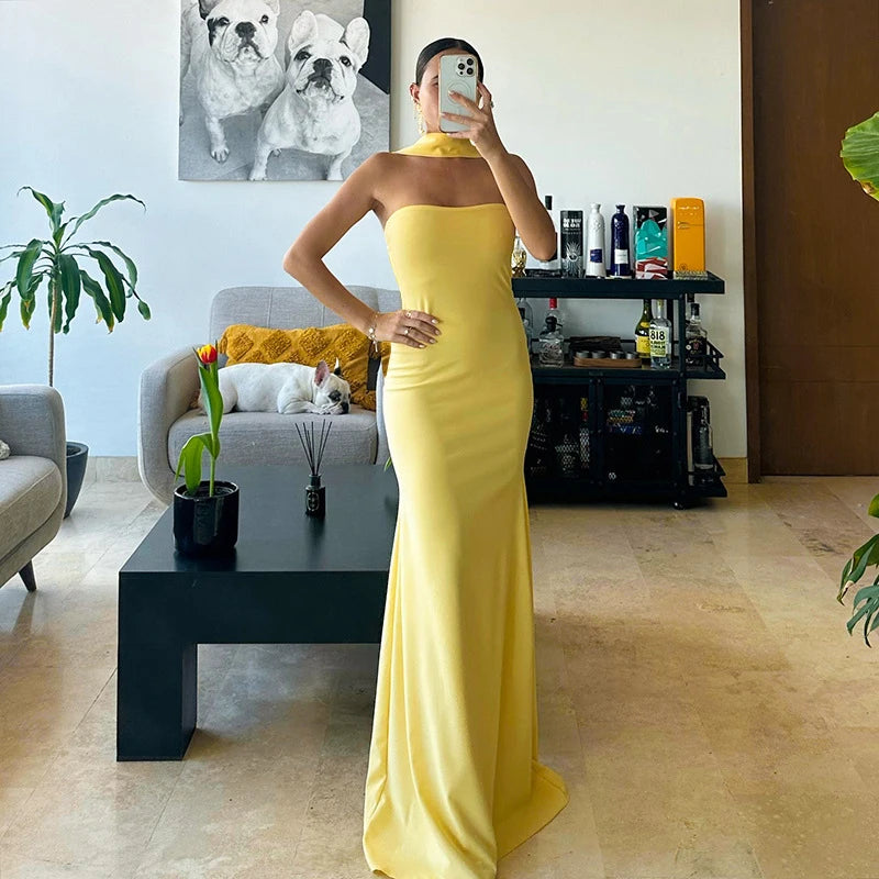 Elegant Solid Off Shoulder Bridesmaid Dresses Fashion Women Halter Slim Evening Dress Sexy Strapless High Waist Tight Long Dress