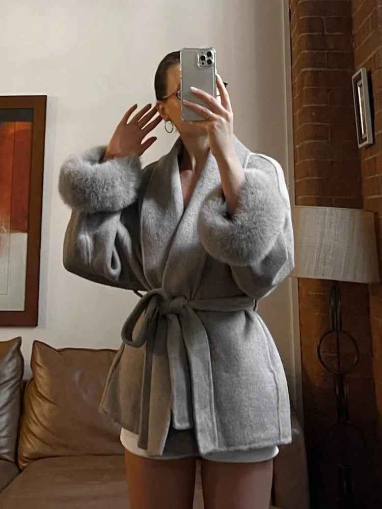 Elegant Lace Up Woolen Short Coat Solid Loose Lapel Furry Belt Long Sleeve Jacket Female 2025 Autumn Winter Lady Chic Cardigan